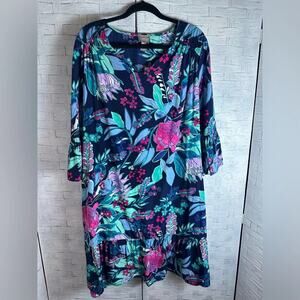 Chico's Womens Dress Sheath floral ruffle hem 3/4 length bell sleeve  plus size